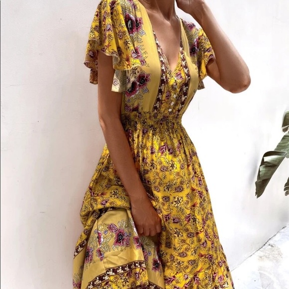 Boho floral V neck button ruffle dress - Picture 4 of 6